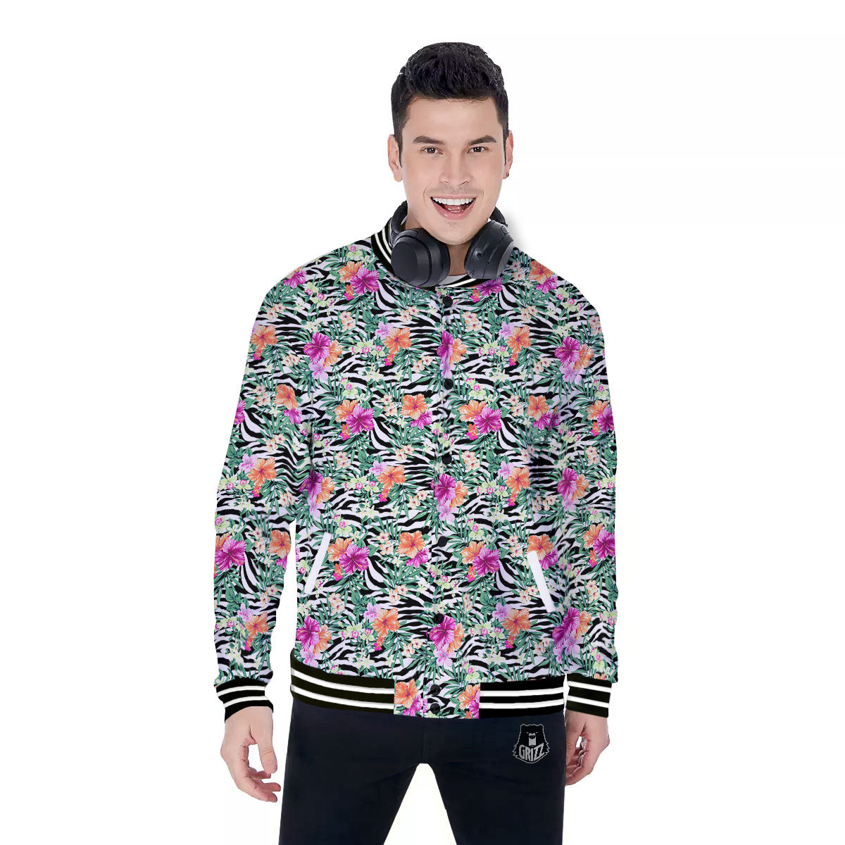 Zebra Floral Black White Print Pattern Baseball Jacket-grizzshop