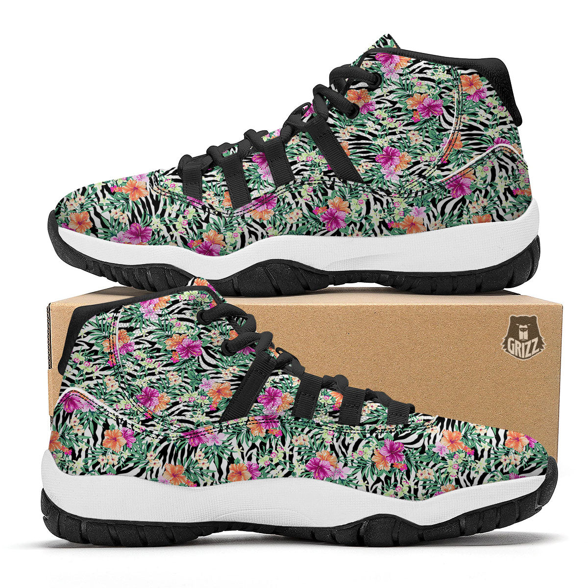 Zebra Floral Black White Print Pattern Black Bball Shoes-grizzshop