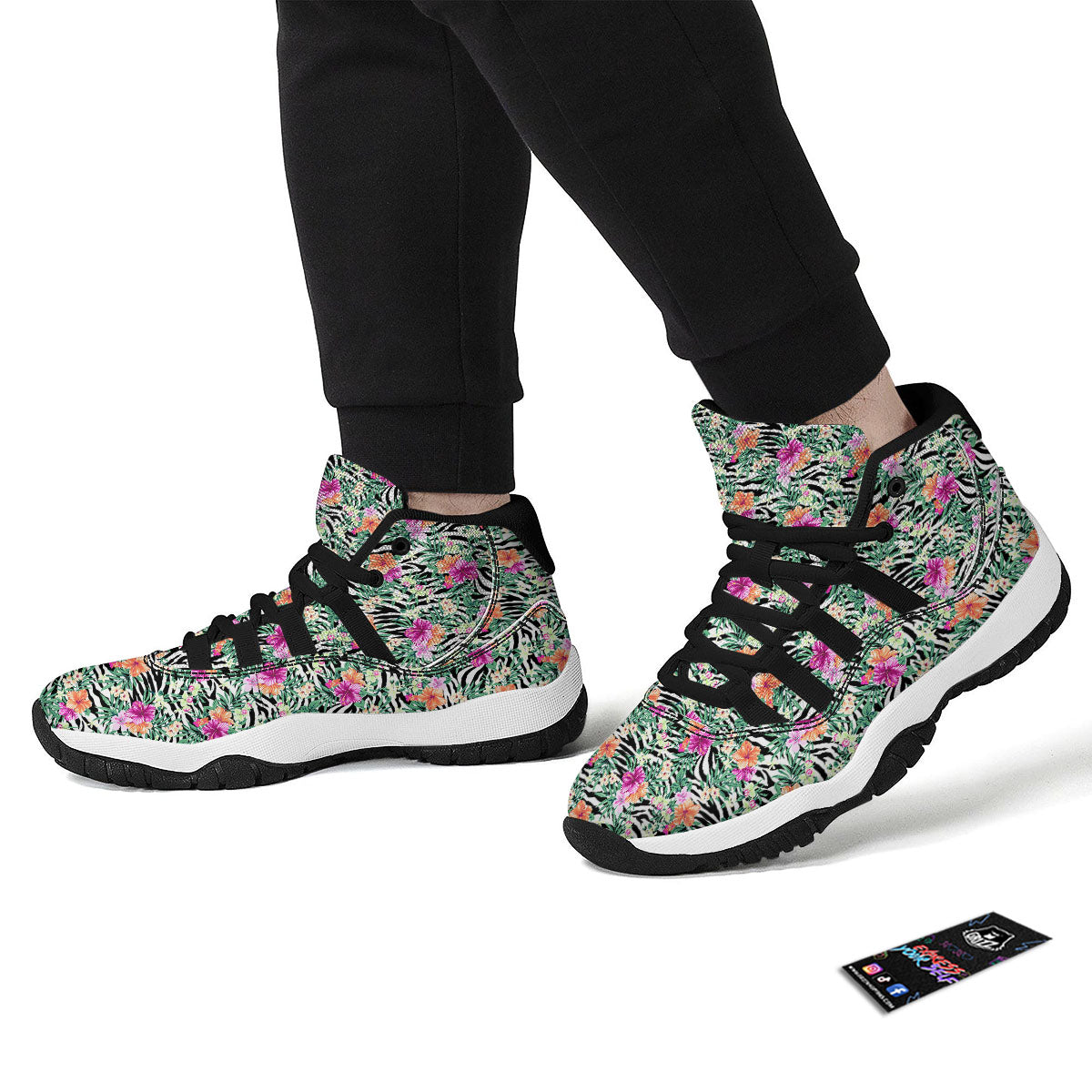 Zebra Floral Black White Print Pattern Black Bball Shoes-grizzshop