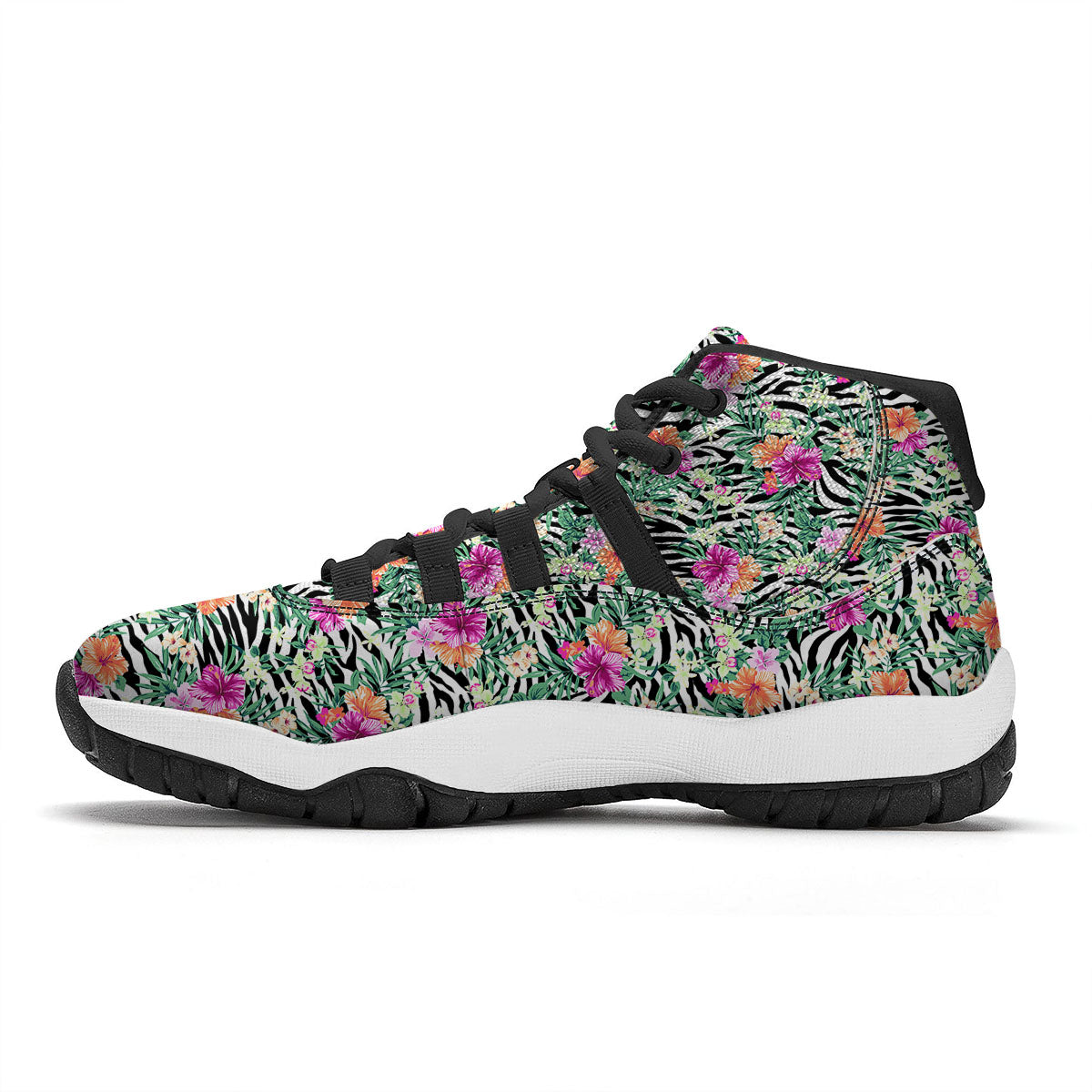 Zebra Floral Black White Print Pattern Black Bball Shoes-grizzshop