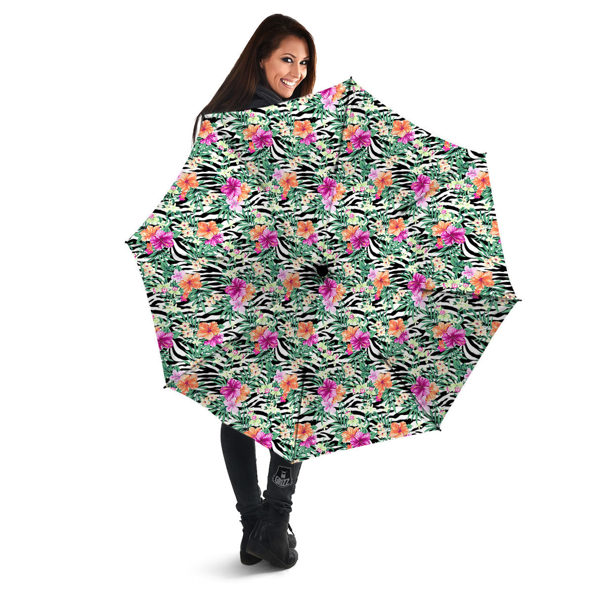 Zebra Floral Black White Print Pattern Umbrella-grizzshop