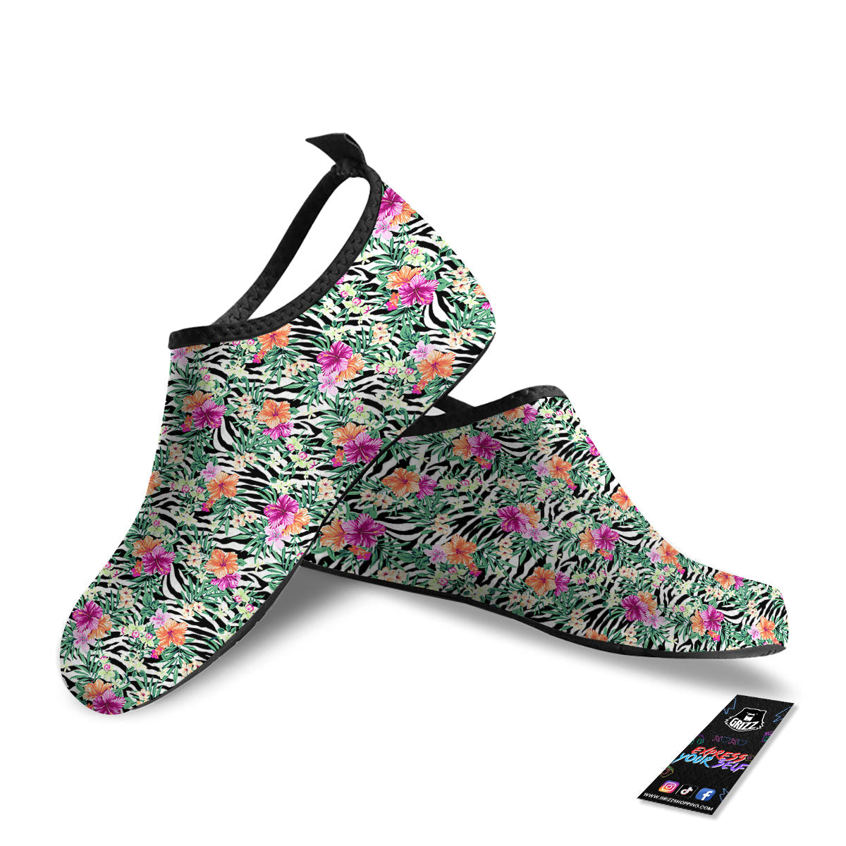Zebra Floral Black White Print Pattern Water Shoes-grizzshop