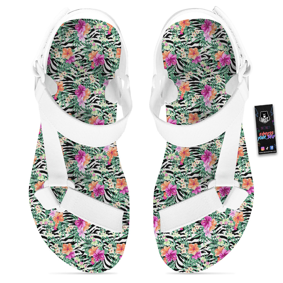Zebra Floral Black White Print Pattern White Open Toe Sandals-grizzshop