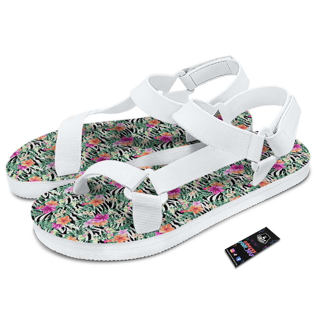 Zebra Floral Black White Print Pattern White Open Toe Sandals-grizzshop