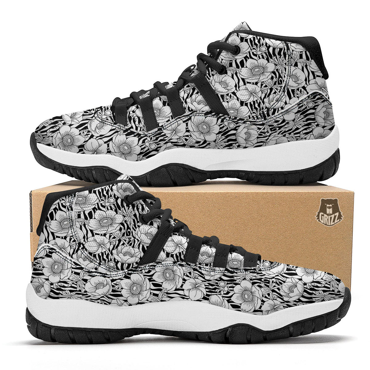 Zebra Flower Black White Print Pattern Black Bball Shoes-grizzshop