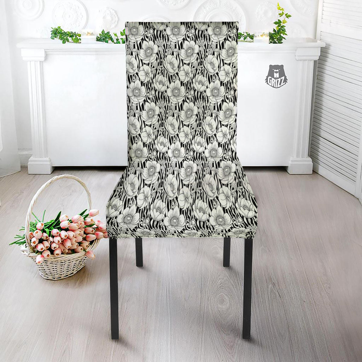 Zebra Flower Black White Print Pattern Dining Chair Slipcover-grizzshop