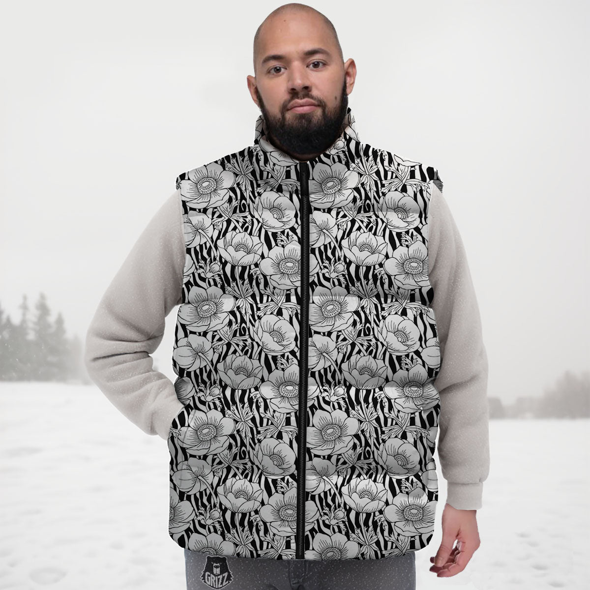 Zebra Flower Black White Print Pattern Down Vest-grizzshop