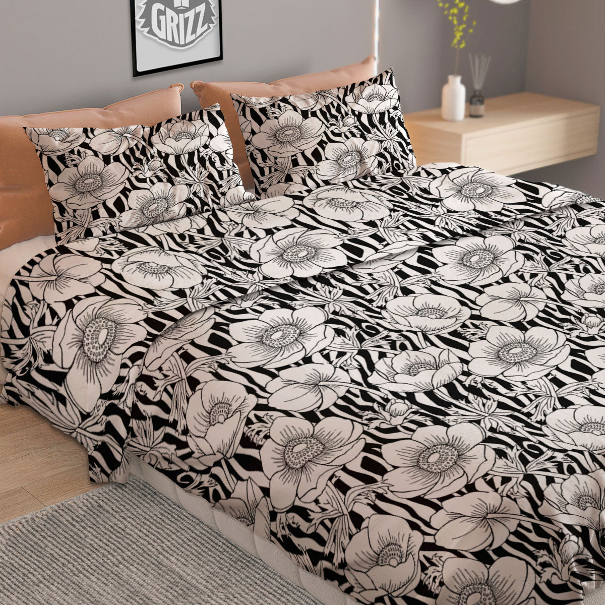 Zebra Flower Black White Print Pattern Duvet Cover Bedding Set-grizzshop