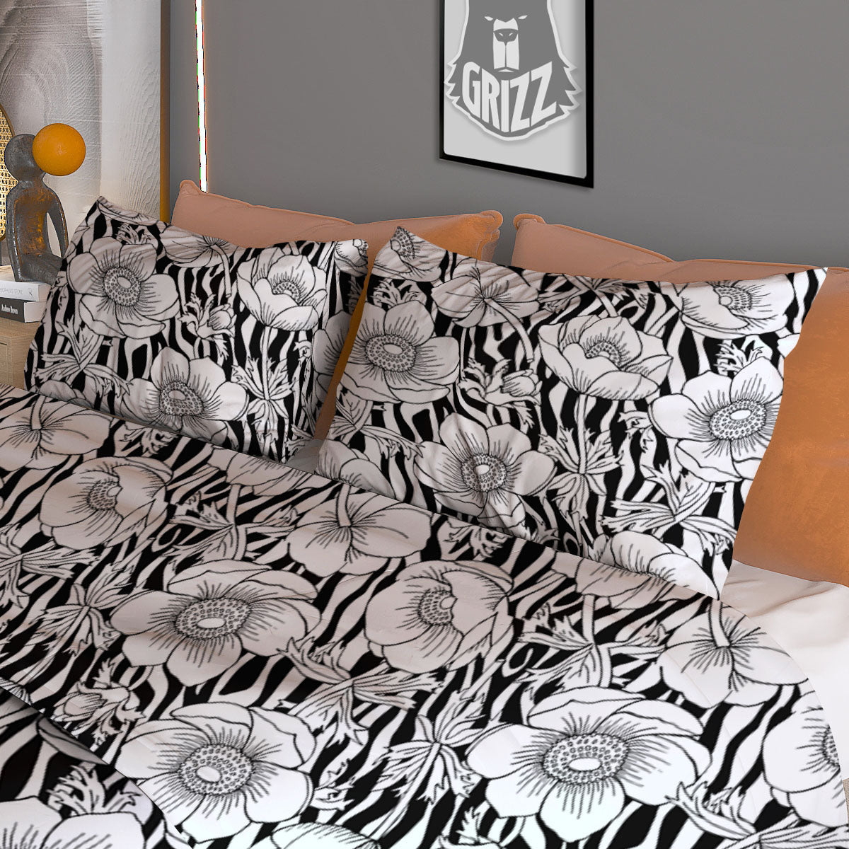 Zebra Flower Black White Print Pattern Duvet Cover Bedding Set-grizzshop