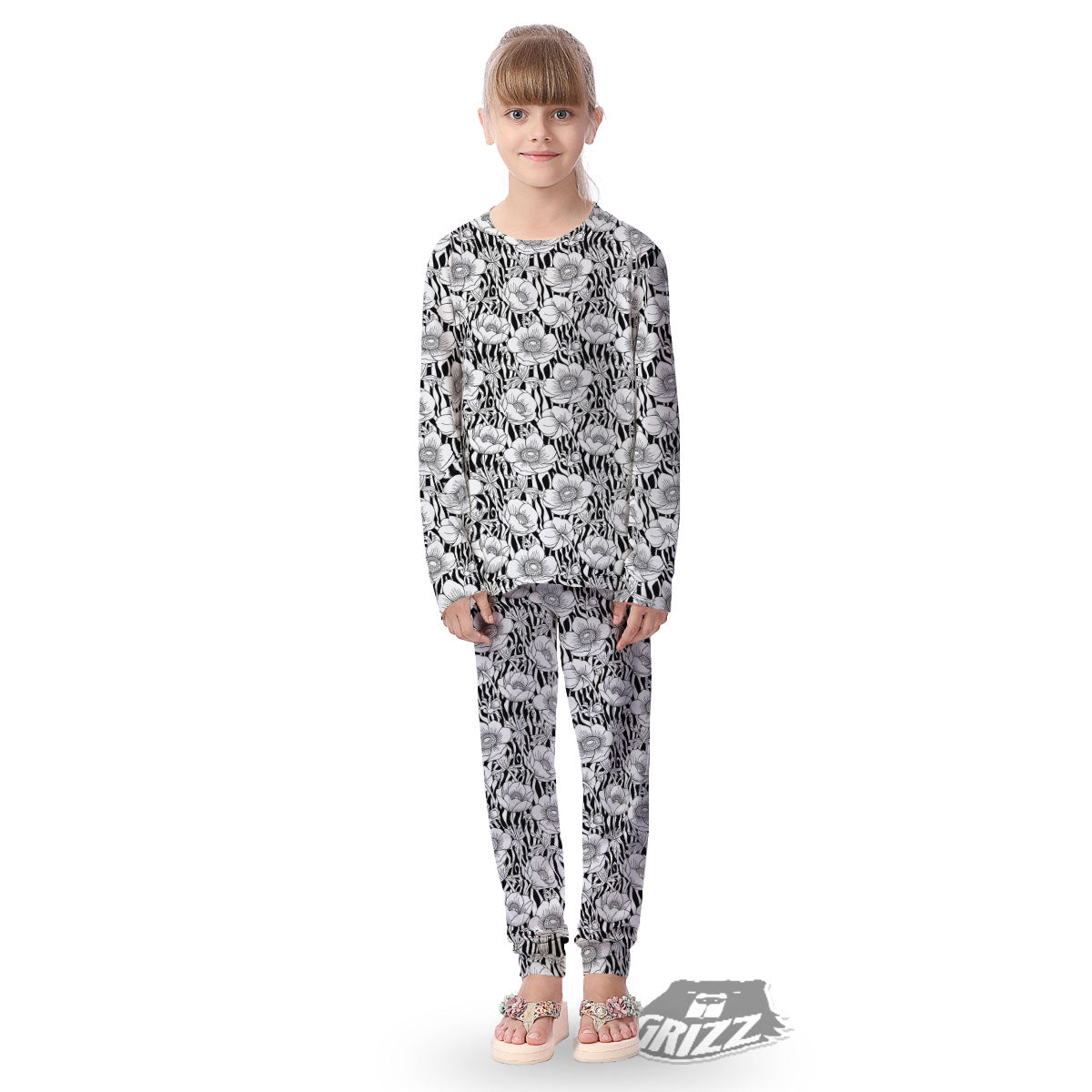 Zebra Flower Black White Print Pattern Kid's Pajamas-grizzshop