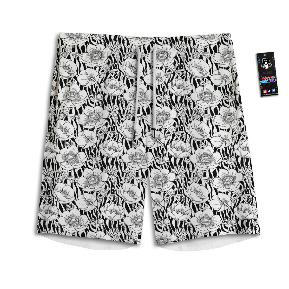 Zebra Flower Black White Print Pattern Men's Athletic Shorts-grizzshop
