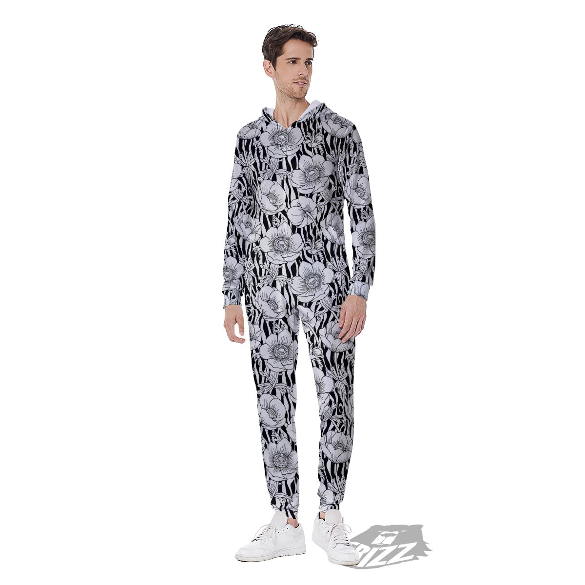 Zebra Flower Black White Print Pattern Men's Jumpsuit-grizzshop
