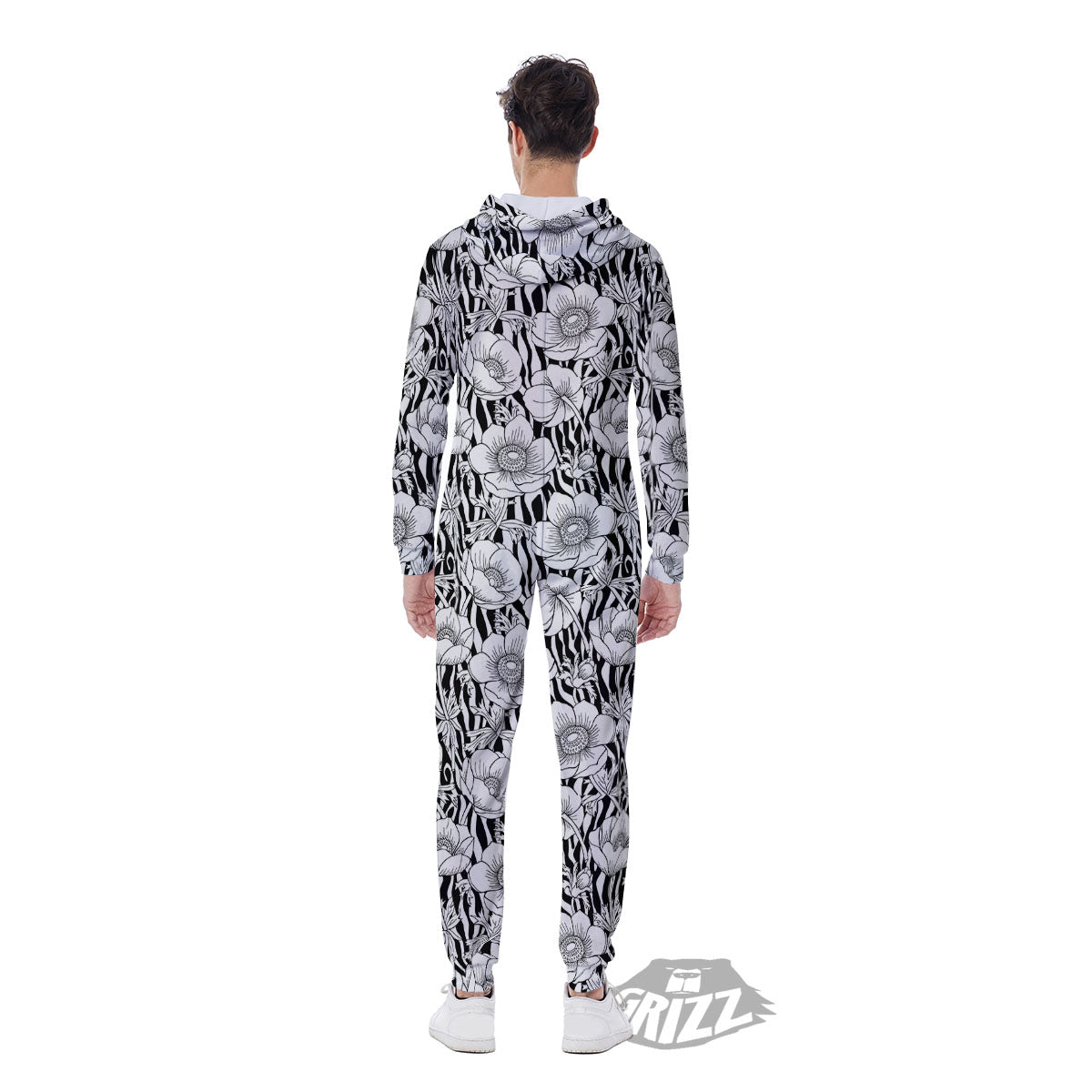 Zebra Flower Black White Print Pattern Men's Jumpsuit-grizzshop