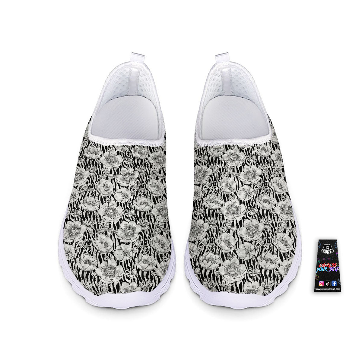 Zebra Flower Black White Print Pattern Nurse Shoes-grizzshop