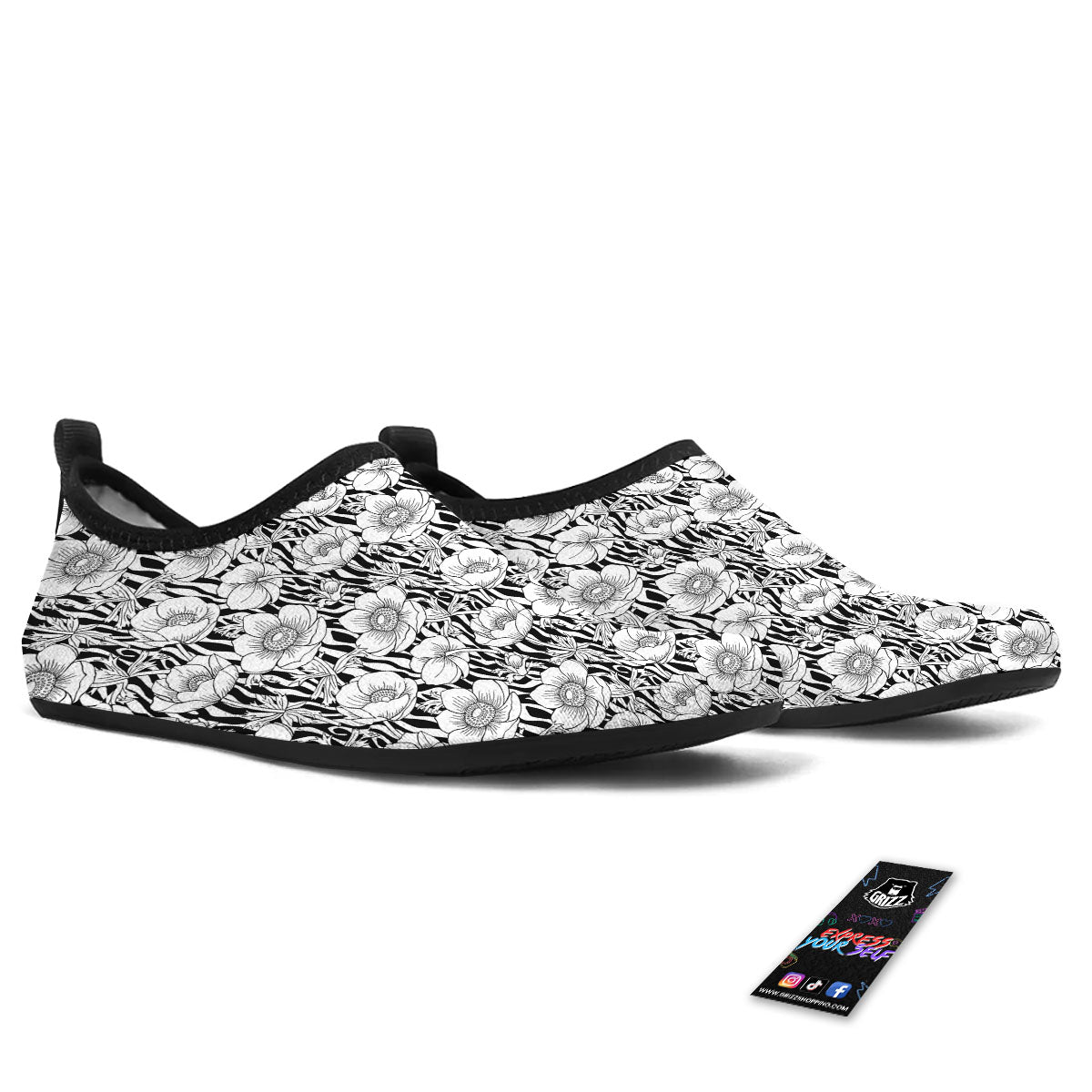 Zebra Flower Black White Print Pattern Water Shoes-grizzshop