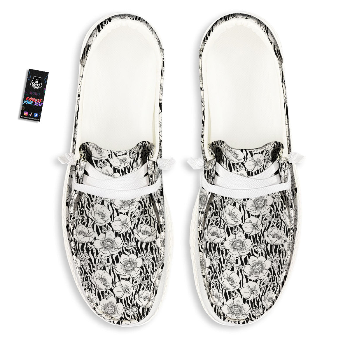 Zebra Flower Black White Print Pattern White Loafers-grizzshop