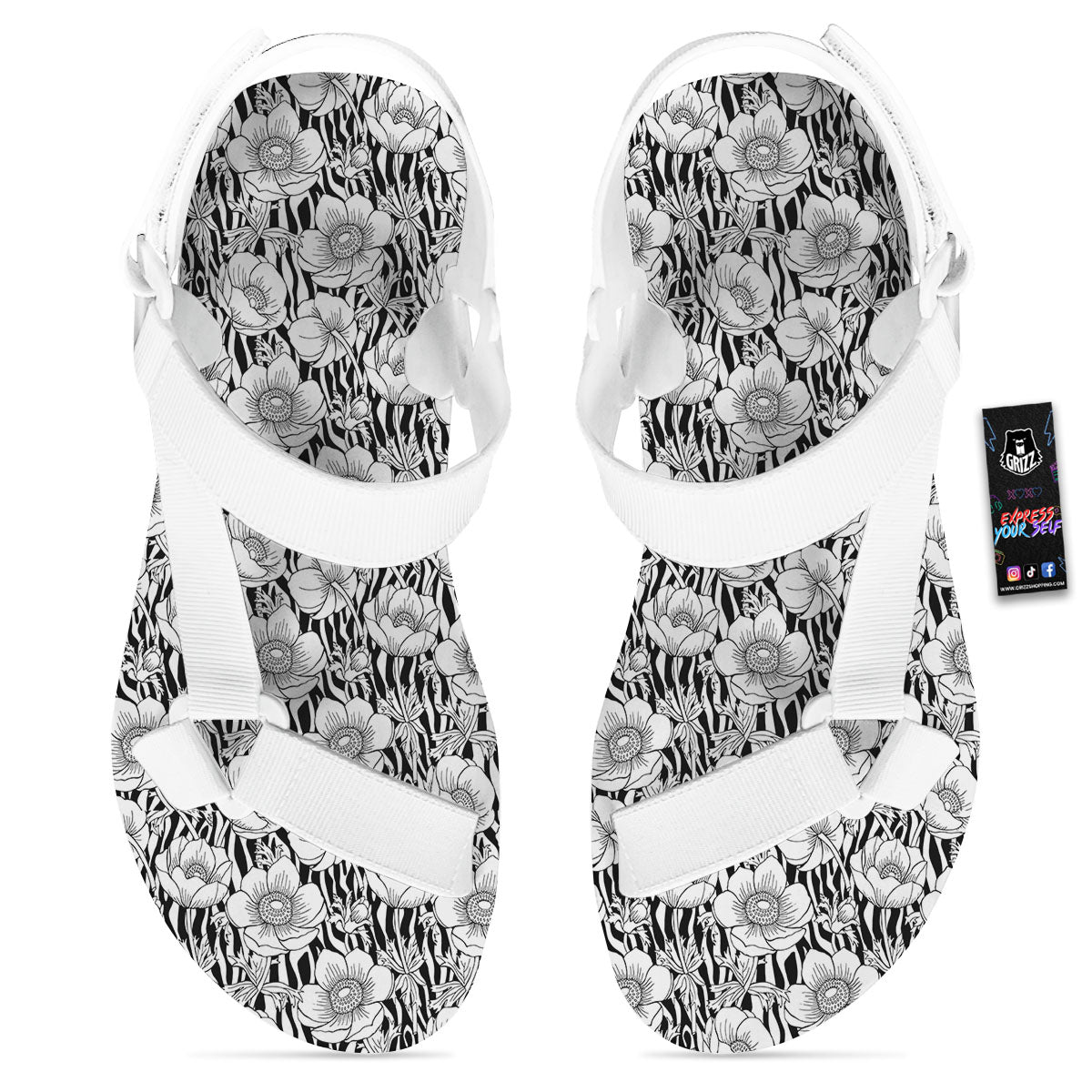Zebra Flower Black White Print Pattern White Open Toe Sandals-grizzshop