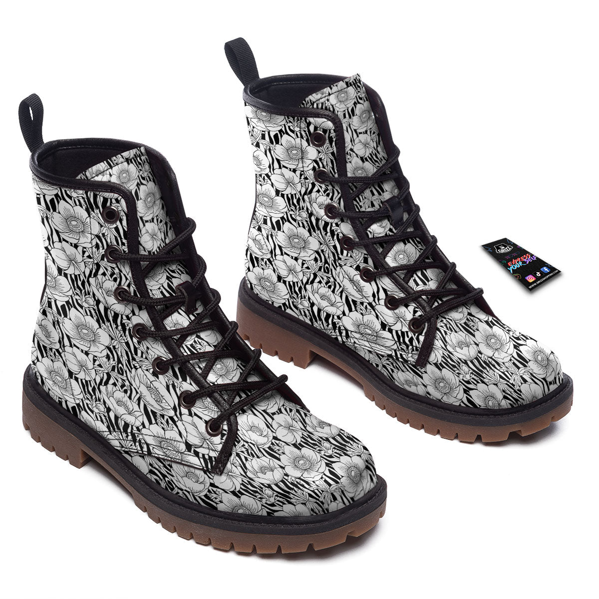 Zebra Flower Black White Print Pattern Work Boots-grizzshop
