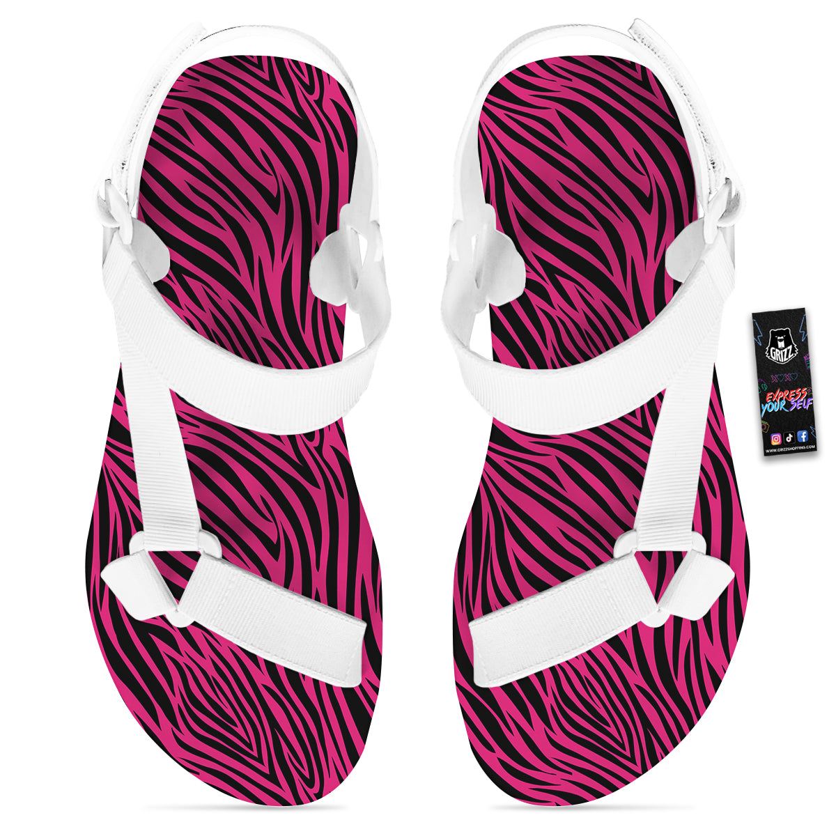 Zebra Hot Pink Print Pattern White Open Toe Sandals-grizzshop