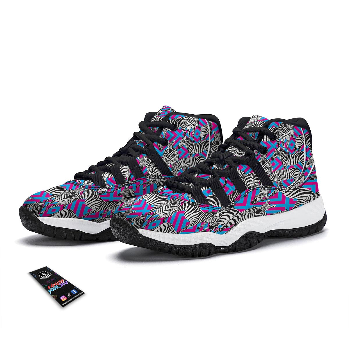 Zebra Neon Pattern Print Black Bball Shoes-grizzshop