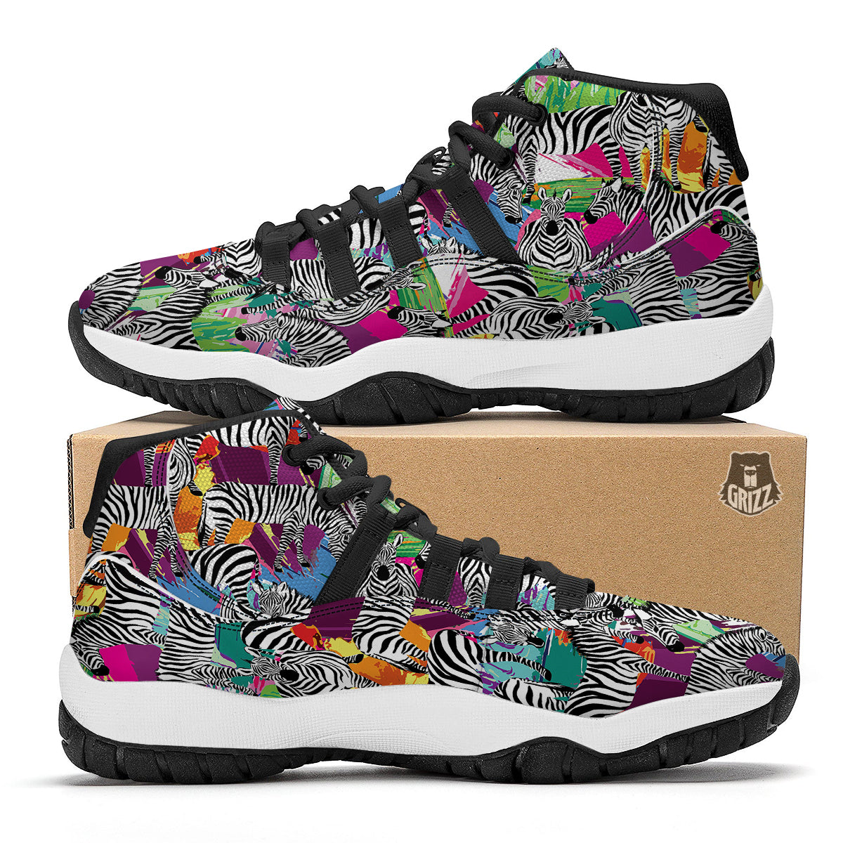 Zebra Pattern Print Black Bball Shoes-grizzshop