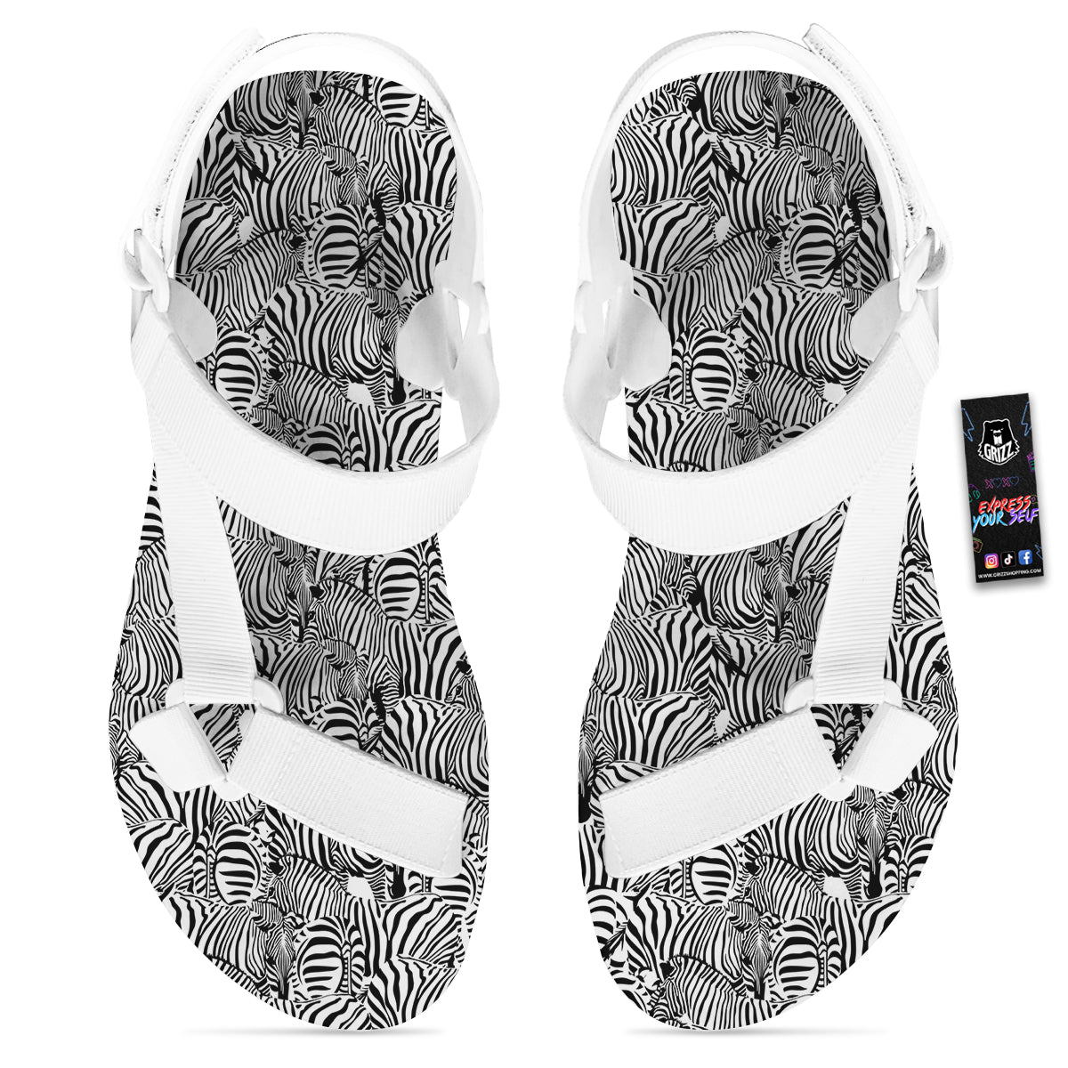 Zebra Striped Black And White Print Pattern White Open Toe Sandals-grizzshop