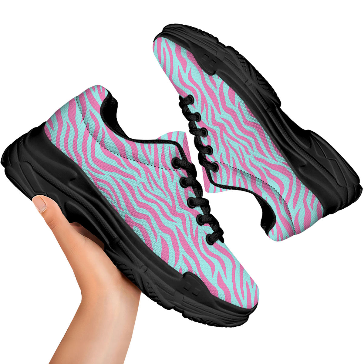 Zebra Stripes Blue And Pink Print Black Chunky Shoes-grizzshop