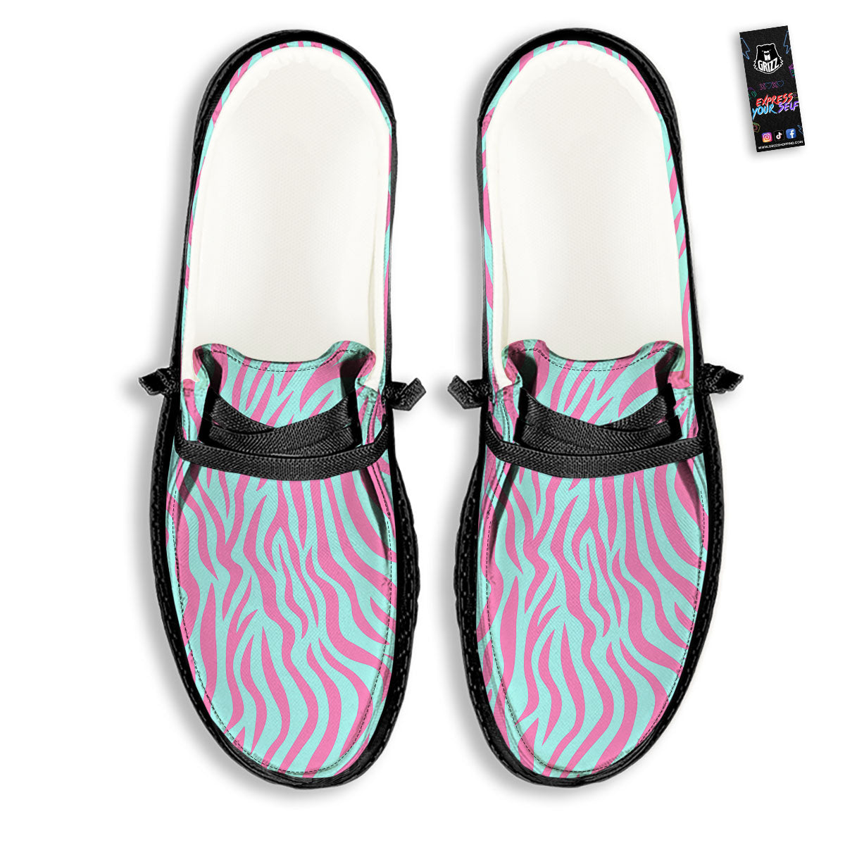Zebra Stripes Blue And Pink Print Black Loafers-grizzshop