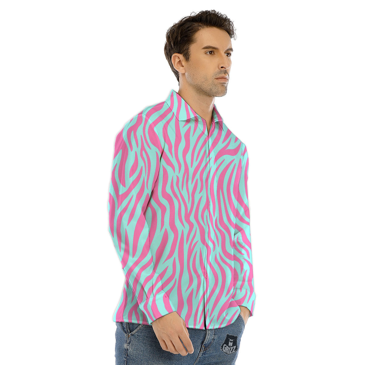 Zebra Stripes Blue And Pink Print Men's Dress Shirts-grizzshop