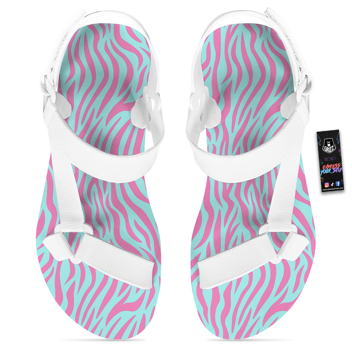 Zebra Stripes Blue And Pink Print White Open Toe Sandals-grizzshop