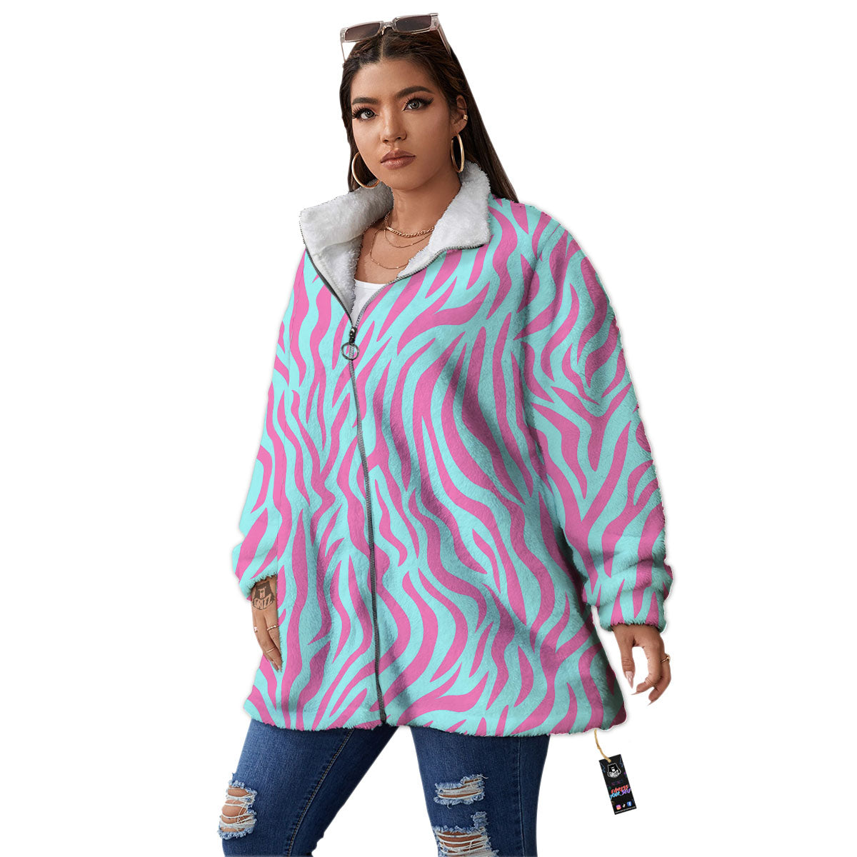 Zebra Stripes Blue And Pink Print Women's Sherpa Jacket-grizzshop