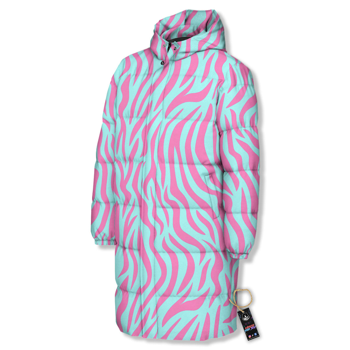 Zebra Stripes Blue And Pink Print Long Down Jacket