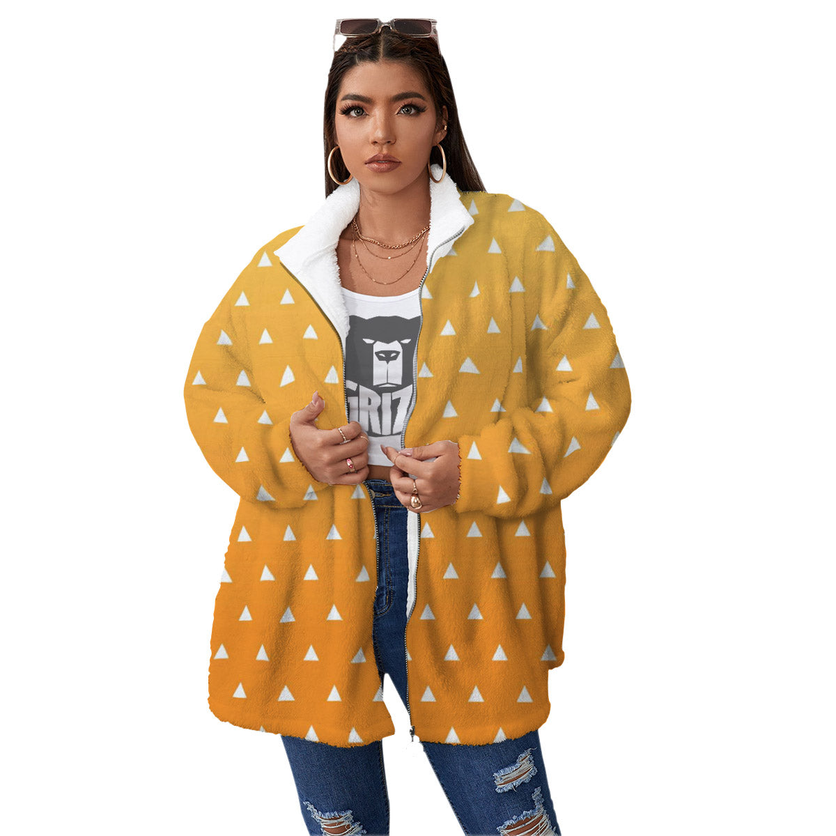 Zenitsu Print Pattern Women's Sherpa Jacket-grizzshop