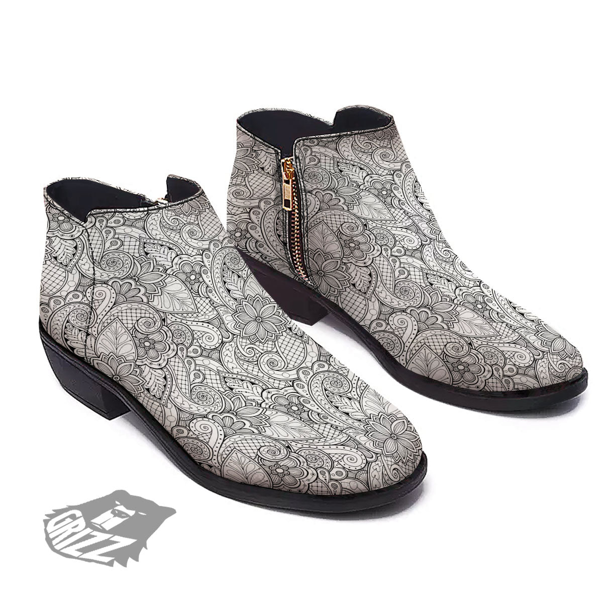 Zentangle Monochrome Print Pattern Ankle Boots-grizzshop