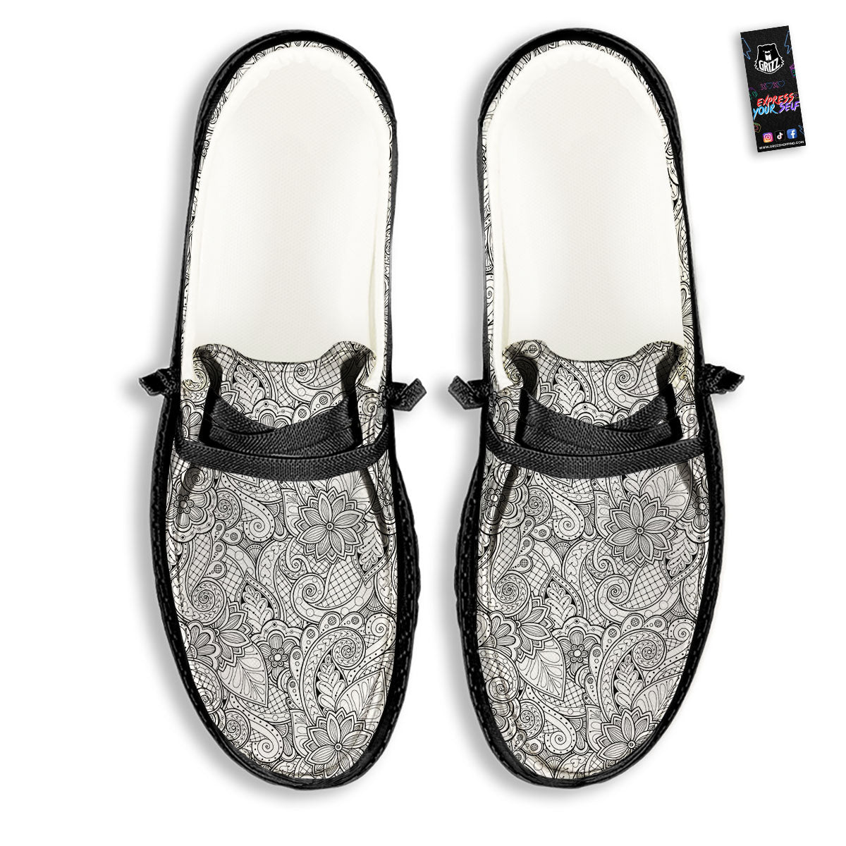 Zentangle Monochrome Print Pattern Black Loafers-grizzshop