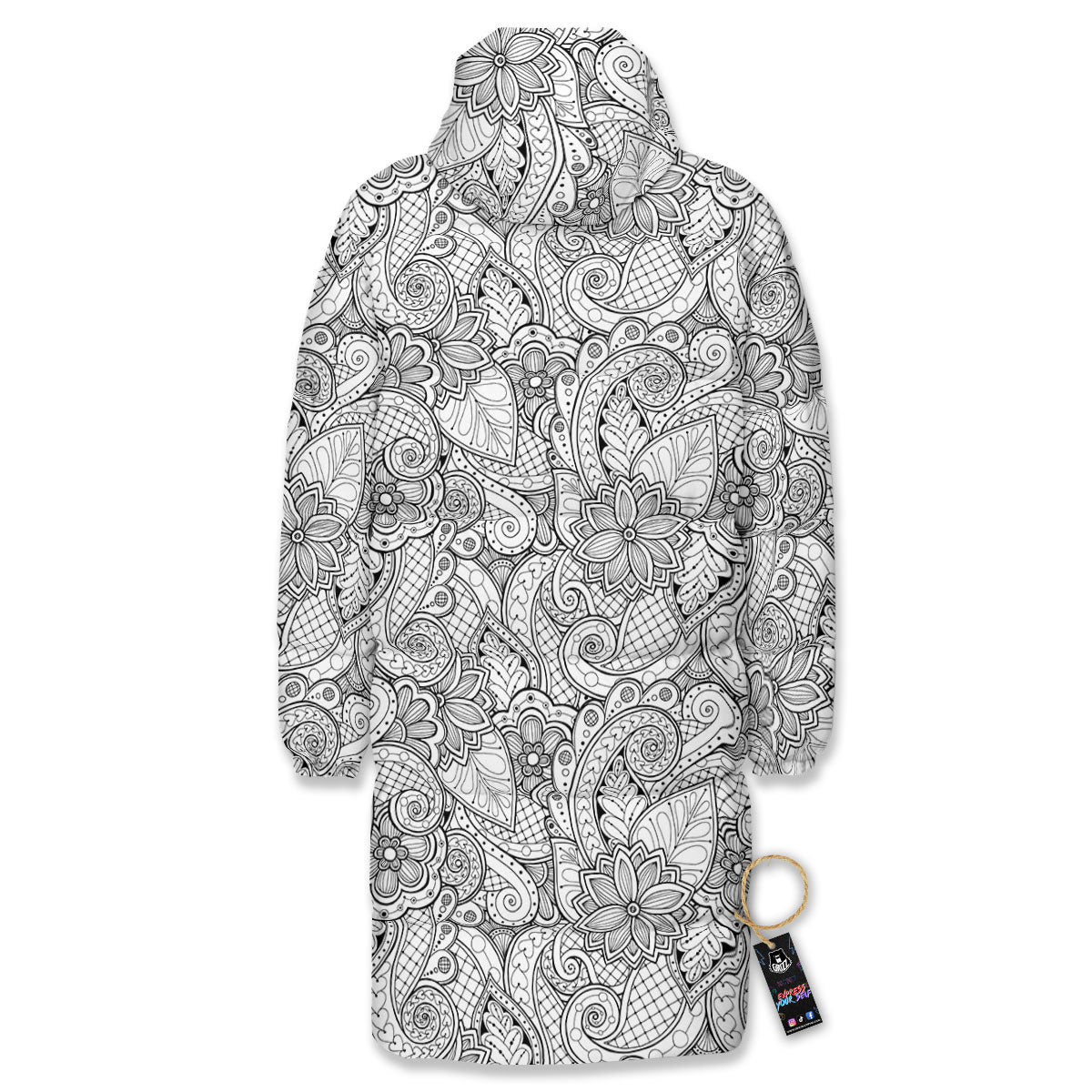 Zentangle Monochrome Print Pattern Long Down Jacket-grizzshop