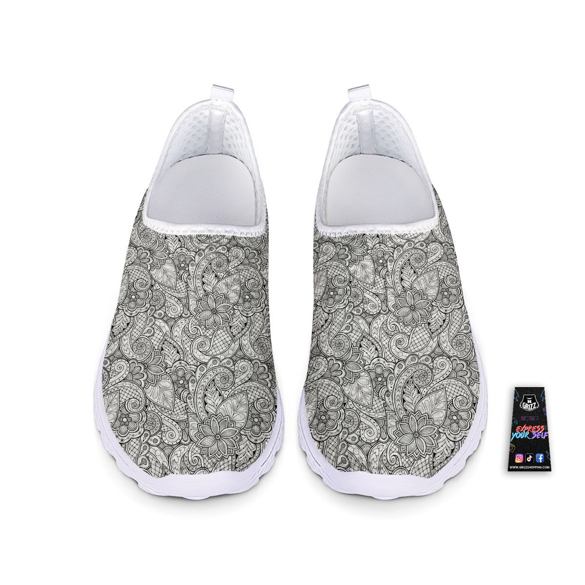 Zentangle Monochrome Print Pattern Nurse Shoes-grizzshop