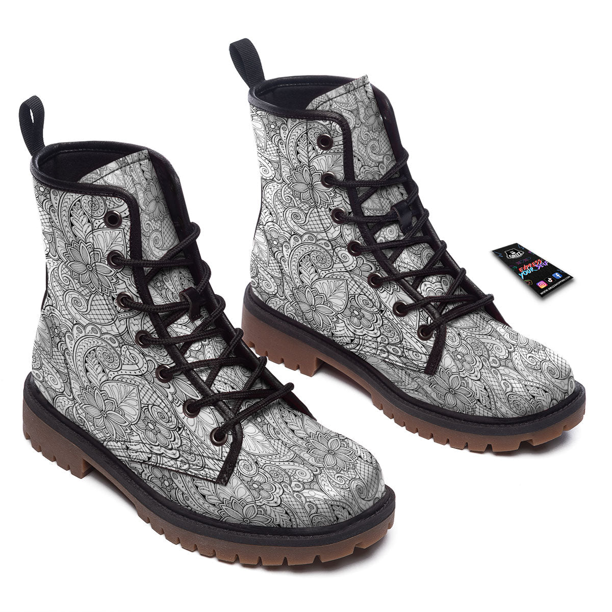 Zentangle Monochrome Print Pattern Work Boots-grizzshop