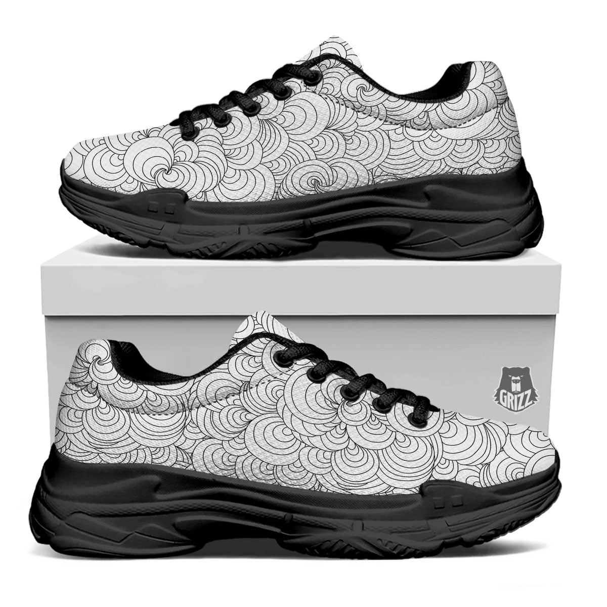 Zentangle White And Black Print Pattern Black Chunky Shoes-grizzshop