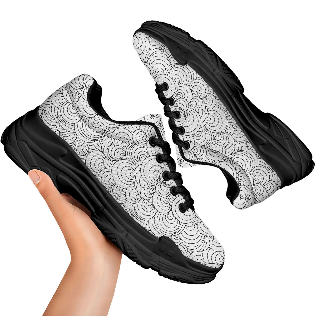 Zentangle White And Black Print Pattern Black Chunky Shoes-grizzshop