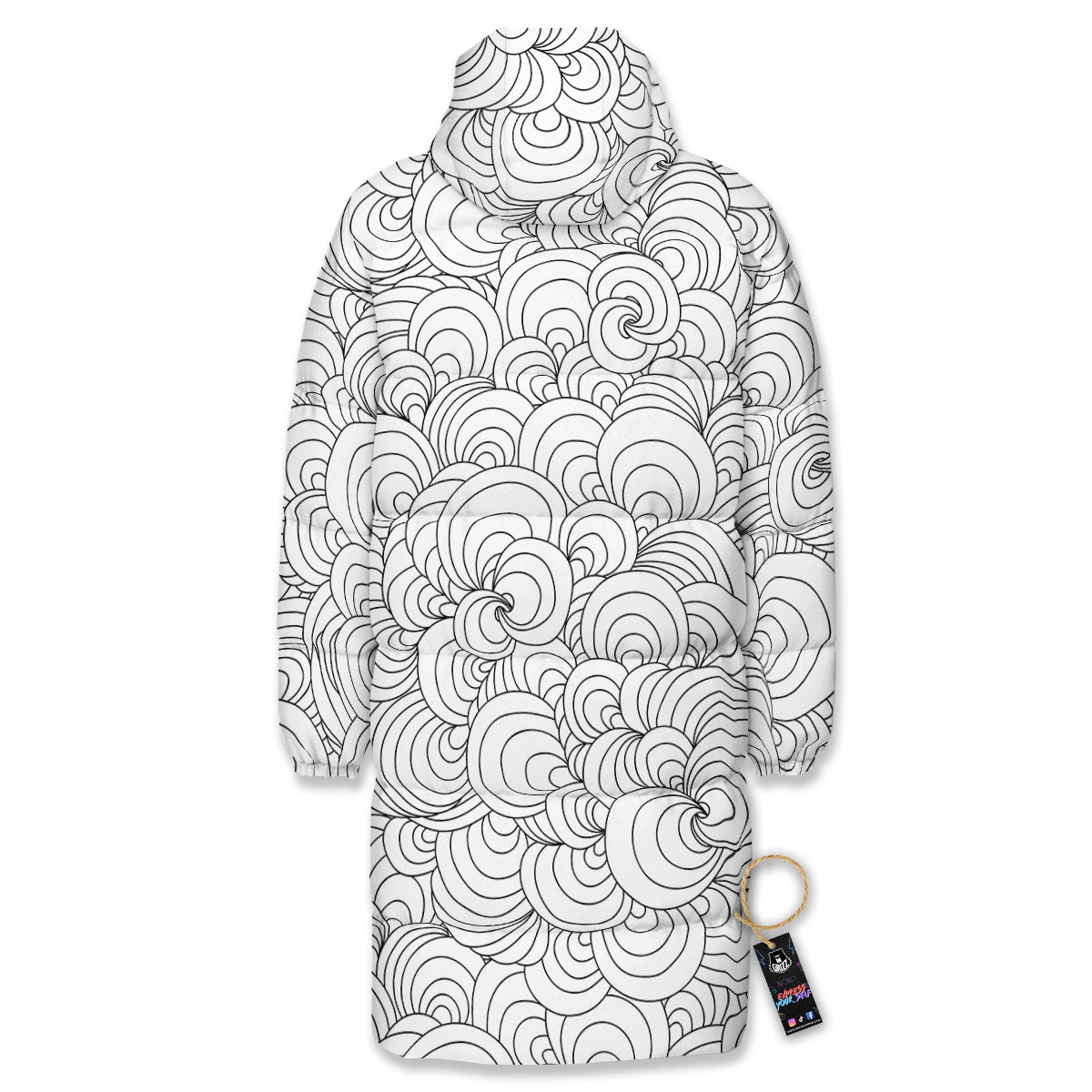 Zentangle White And Black Print Pattern Long Down Jacket-grizzshop