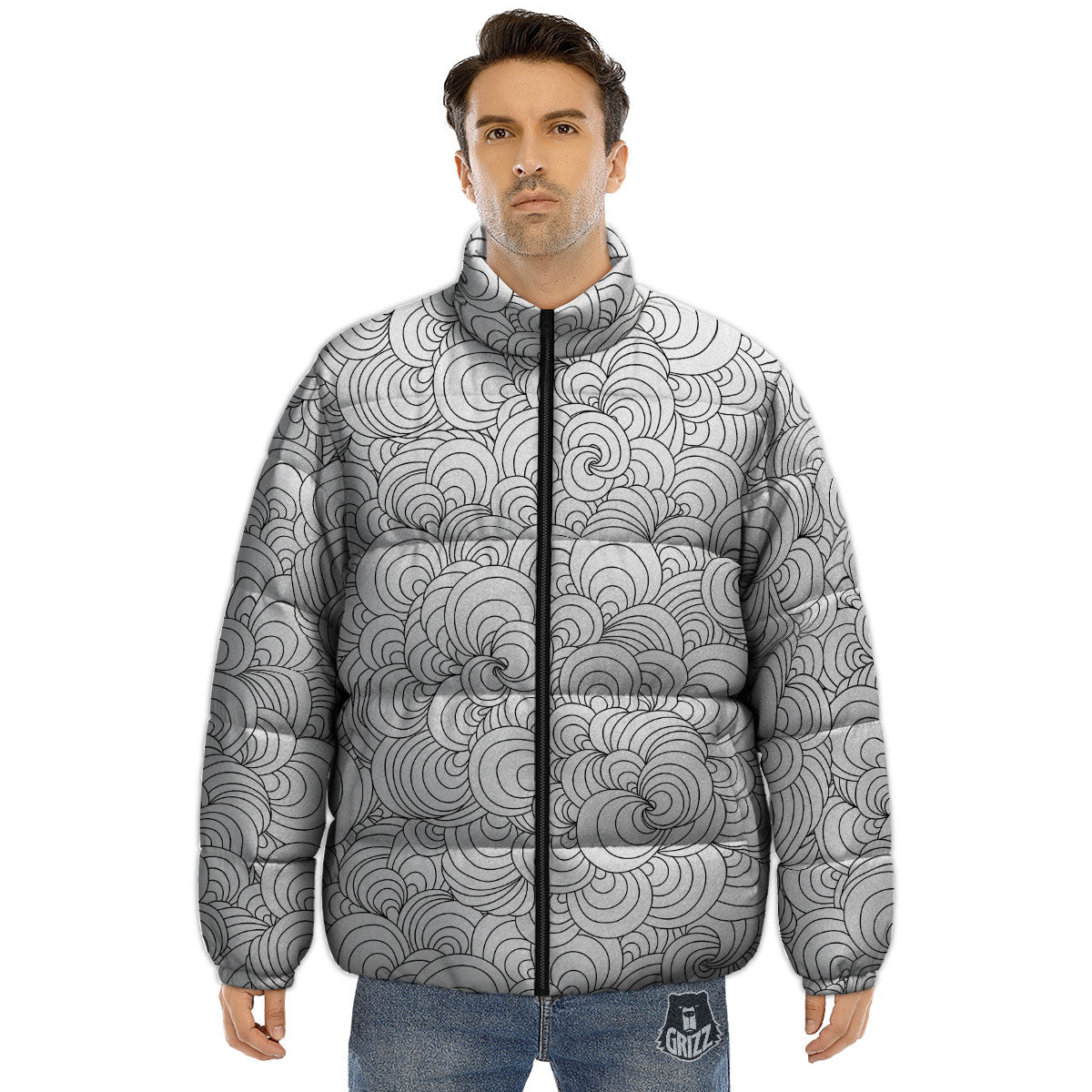 Zentangle White And Black Print Pattern Puffer Jacket-grizzshop