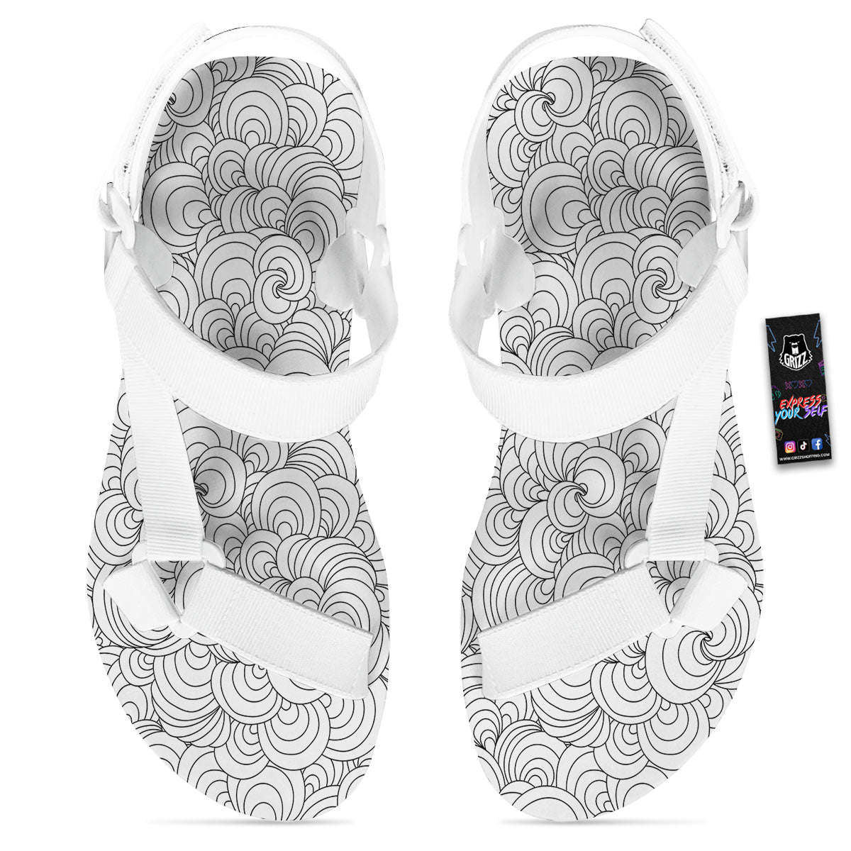 Zentangle White And Black Print Pattern White Open Toe Sandals-grizzshop
