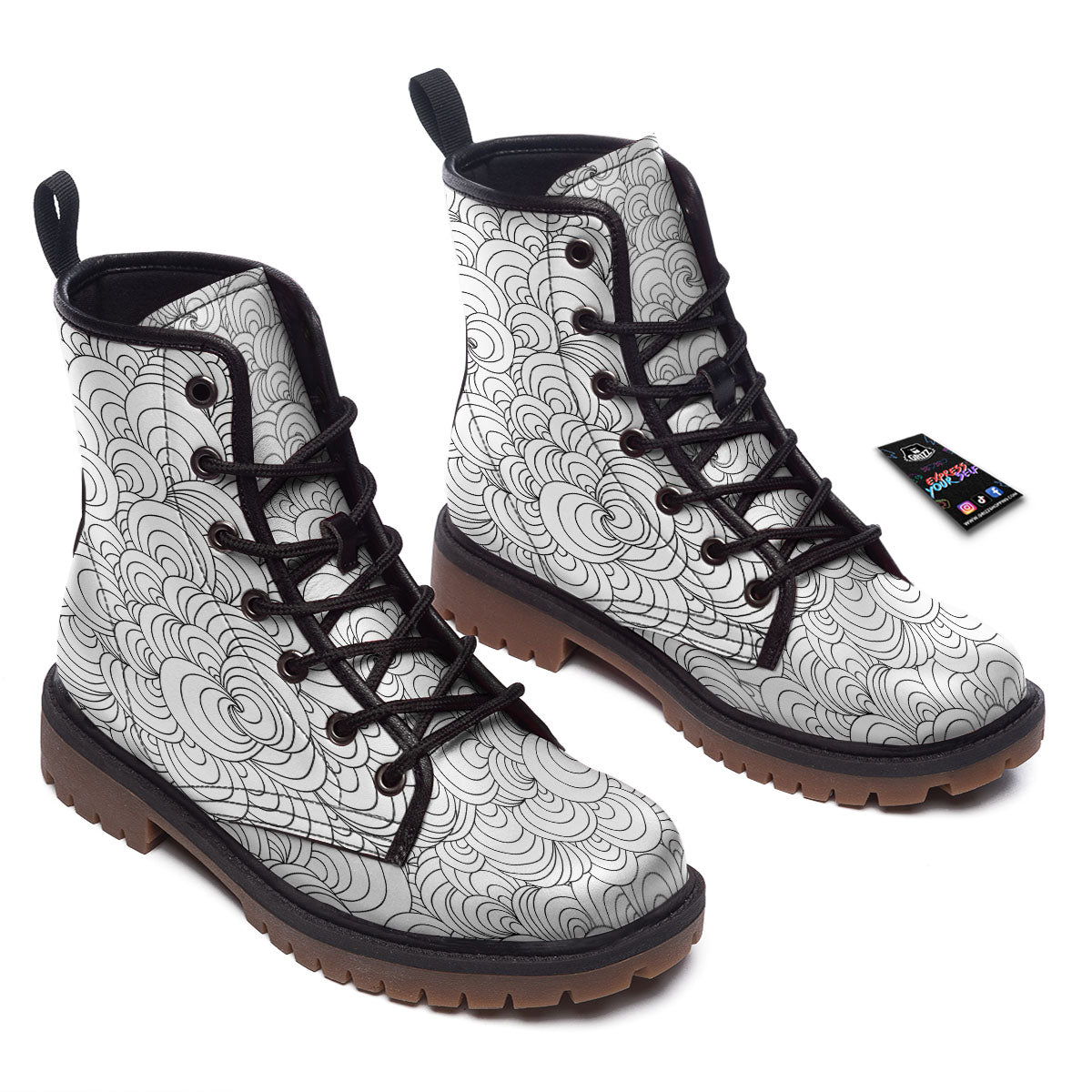 Zentangle White And Black Print Pattern Work Boots-grizzshop