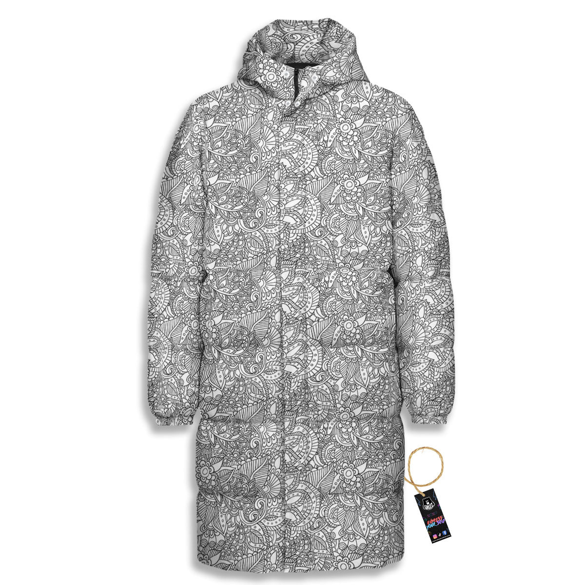 Zentangle Ethnic Print Pattern Long Down Jacket