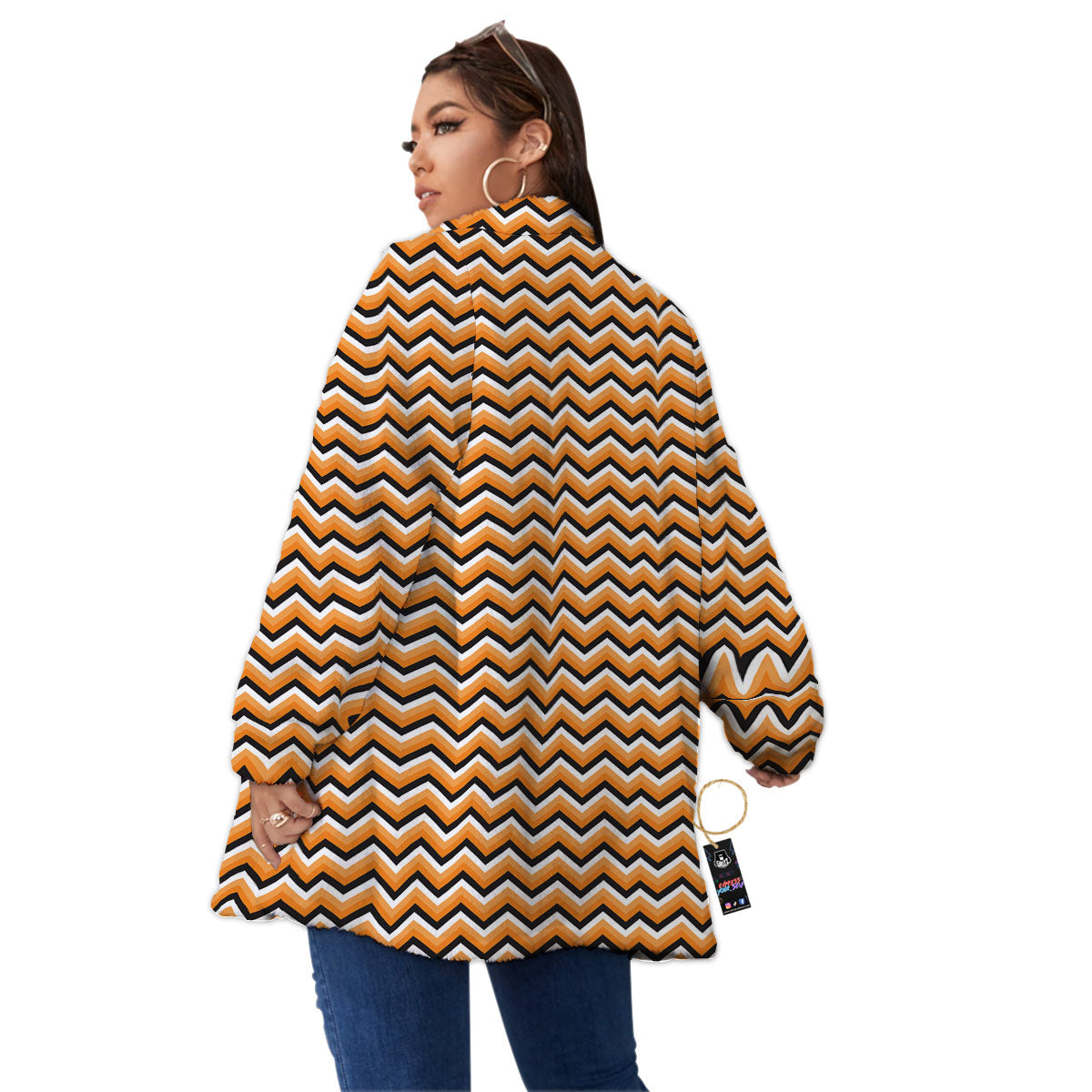 Zig Zag Halloween Print Pattern Women's Sherpa Jacket-grizzshop