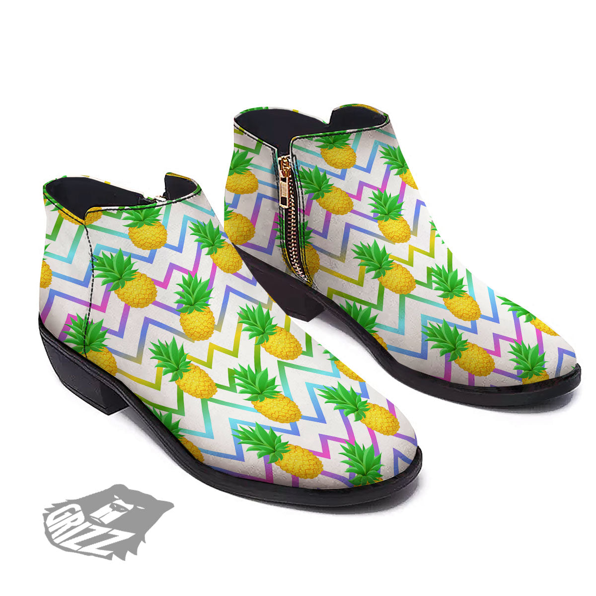 Zig Zag Neon Pineapple Print Pattern Ankle Boots-grizzshop