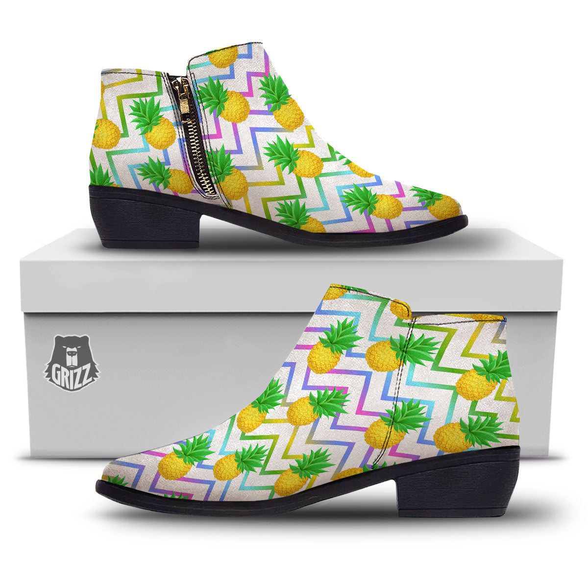 Zig Zag Neon Pineapple Print Pattern Ankle Boots-grizzshop
