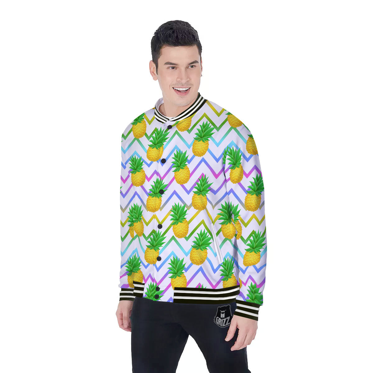 Zig Zag Neon Pineapple Print Pattern Baseball Jacket-grizzshop