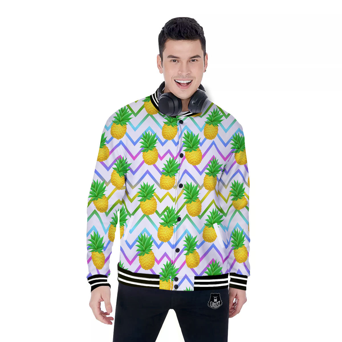 Zig Zag Neon Pineapple Print Pattern Baseball Jacket-grizzshop